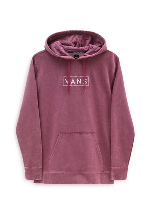 Maroon Vans hættetrøje med forlompe, snøre i hætten og falmet tekstur, med en hvid Vans-logo på brystet.