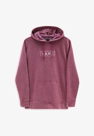 Sweat à capuche Vans bordeaux avec poche avant, capuche à cordon et texture délavée, arborant un logo Vans blanc sur la poitrine.