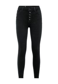 Jeans skinny de tiro alto en negro, hechos de denim, con un cierre frontal de cinco botones, pasantes para cinturón y una textura suave.