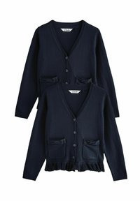 Mörkblå cardigan med V-ringning, knapplist, två framfickor med rosetter och en volangnert. Mjuk stickad material.