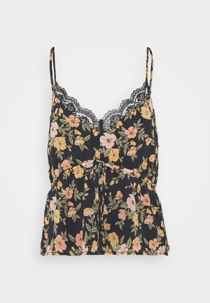 Schwarzes Blumen-Camisole mit gelben und pinken Blumen, verstellbaren Spaghettiträgern, Spitzenbesatz am Ausschnitt und einer vorderen Schleifenverzierung.