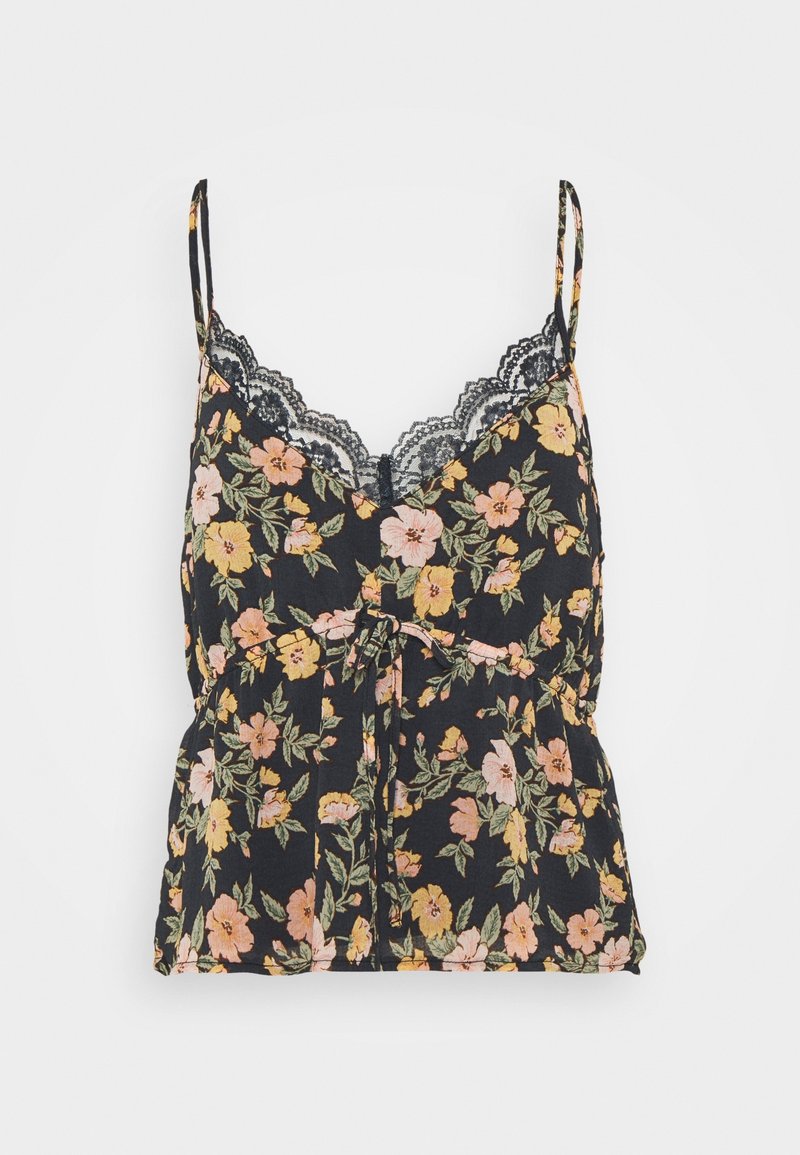 Camisole noire à fleurs avec des fleurs jaunes et roses, bretelles spaghetti réglables, bordure en dentelle au niveau du décolleté et détail noué à l'avant.
