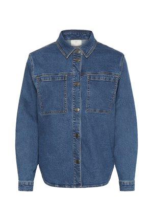 Button-up denim shirt featuring a blue wash, two chest pockets, pointed collar, and long sleeves with button cuffs. Textured fabric.