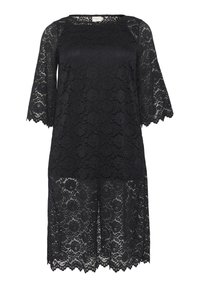 Robe tunique en dentelle noire avec des manches trois-quarts, des bords festonnés, des motifs floraux et une texture semi-transparente. Matière douce.