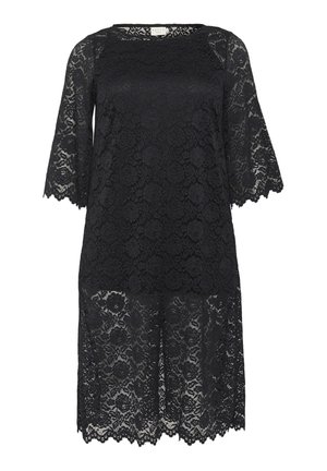 Schwarzes Spitzenkleid mit drei Viertelärmel, floralem Muster, gewelltem Saum, halbtransparenter Textur und Bootsausschnitt.