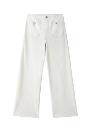 Pantaloni bianchi a gamba larga con due tasche applicate frontali chiuse con bottoni e cerniera frontale con chiusura a bottone.
