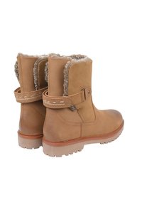Beżowe skórzane botki za kostkę z miękką szarą podszewką, ozdobą z klamerką i teksturowaną gumową podeszwą. Okrągły nosek i solidna konstrukcja.