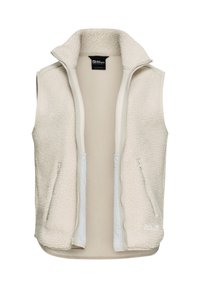 Gilet in pile beige con colletto alto, due tasche frontali con zip e un delicato motivo texture. La fodera interna è liscia e di colore chiaro.