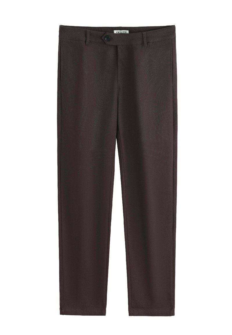 Pantalon chino en tissu marron foncé, coupe slim, doté d'un seul bouton frontal et d'une fermeture éclair, avec poches latérales et arrière.
