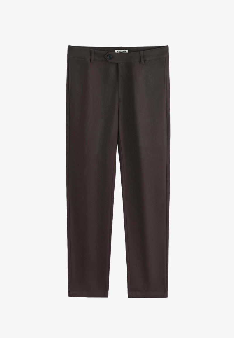 Pantalon chino en tissu marron foncé, coupe slim, doté d'un seul bouton frontal et d'une fermeture éclair, avec poches latérales et arrière.