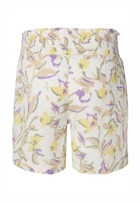 Bloemige shorts met een smocktail, met een witte basis en lichte paarse, gele en groene patronen. Lichtgewicht, gestructureerde stof.