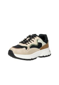 Beige en zwarte sneaker met een bovenwerk van suède en mesh, golvende designaccenten in groen, chunky witte zool en zwarte veters. Textured neuskap en rubberen buitenzool.