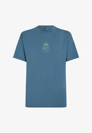Blue cotton T-shirt featuring a round neck, short sleeves, and a sun graphic in yellow on the chest. Smooth texture, casual design.