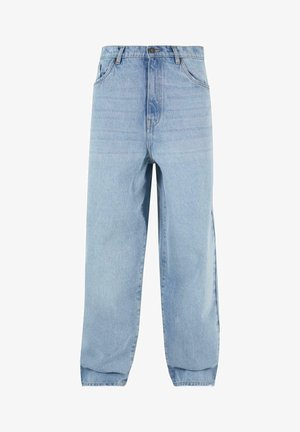 Lyseblå denimjeans med løs pasform, høj talje og fem lommer. Har bæltestropper og knaplukning. Blød tekstur.