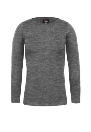 Graues Langarmshirt aus weichem, strukturiertem Stoff. Verfügt über einen abgerundeten Ausschnitt und ein nahtloses Design, das eine figurbetonte Optik bietet.