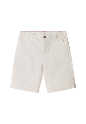 Pantaloncini casual color avorio con tasche anteriori, passanti per cintura e chiusura con bottone marrone su sfondo bianco uniforme.