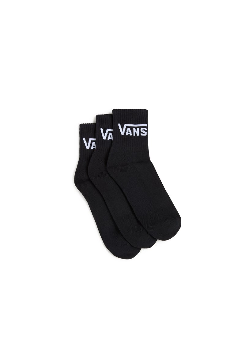 Schwarze Baumwollmischungssocken im Dreierpack, mit geripptem Bündchen und weißem "VANS"-Logo. Standard Crew-Länge mit glatter Textur.