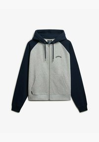 Sudadera con cremallera en gris y azul marino con un bolsillo tipo canguro, capucha con cordón y puños de canalé. Presenta un logotipo bordado sobre el bolsillo.