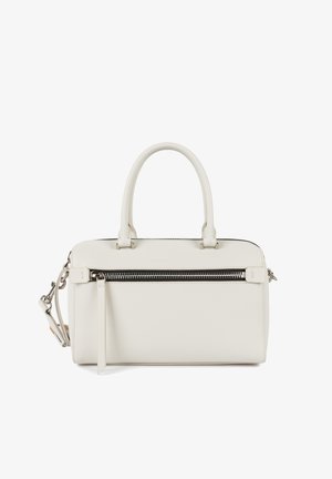 Borsa in pelle bianca con tasca frontale con zip, manici doppi e tracolla rimovibile. Texture liscia e design minimalista.