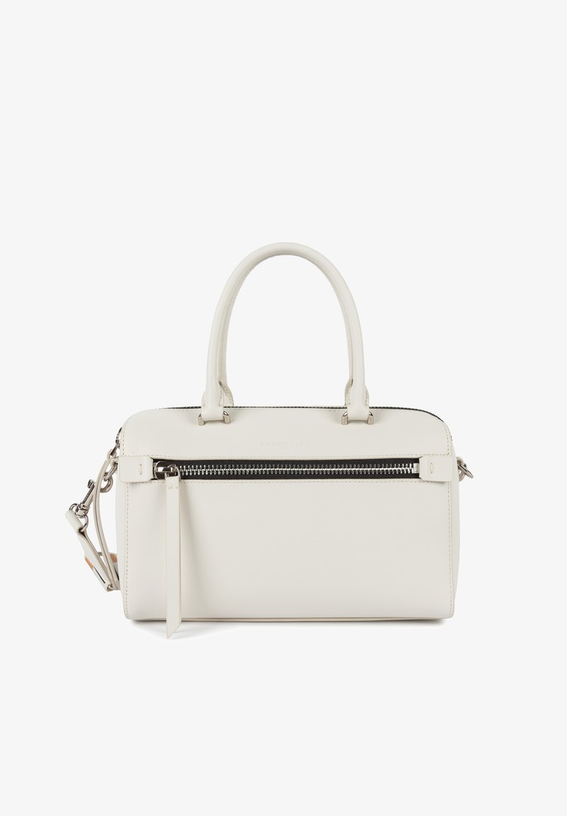 Borsa in pelle bianca con tasca frontale con zip, manici doppi e tracolla rimovibile. Texture liscia e design minimalista.
