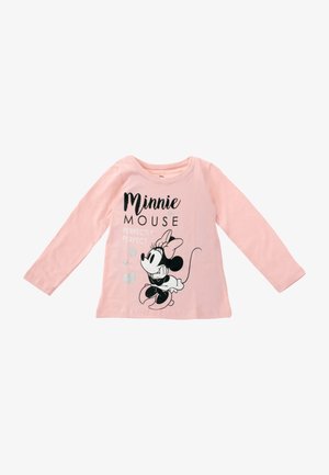 Różowa koszulka z długim rękawem z czarno-białą grafiką Minnie Mouse z metalicznymi akcentami oraz napisem "Minnie Mouse Perfectly Perfect".