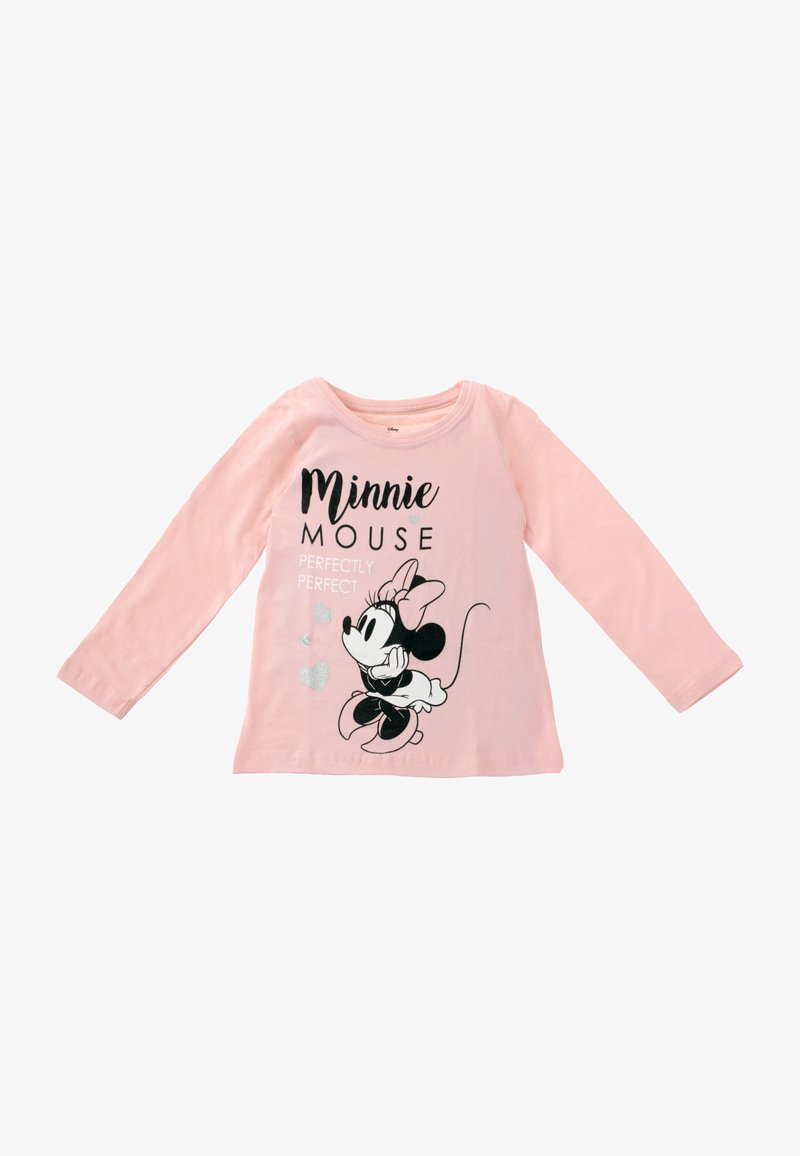 T-shirt manches longues rose avec un graphisme noir et blanc de Minnie Mouse, agrémenté d'accents métalliques et du texte "Minnie Mouse Perfectly Perfect".