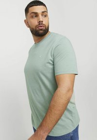 Rövid ujjú, környakú póló, világoszöld pamutból készült, a mellkason diszkrét logórészlettel és egyenes szegéllyel.