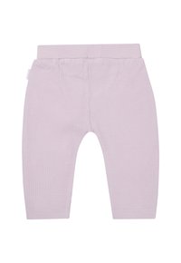 Lichtroze, textuur babybroek met een elastische tailleband en twee achterzakken. De stof heeft een wafelpatroon door het geheel.