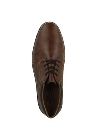 Scarpa in pelle marrone con lace-up, punta arrotondata e cuciture a contrasto, caratterizzata da una superficie liscia e una soletta imbottita.