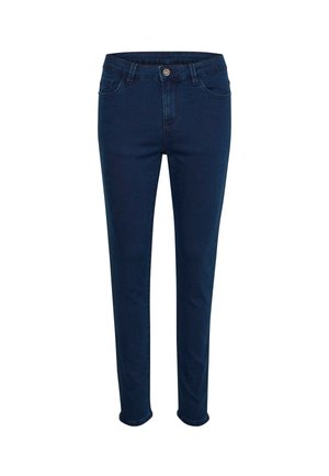 Ciemnoniebieskie jeansy w stylu slim fit z przednim guzikiem, szlufkami na pasek i przednimi kieszeniami, przedstawione na jednolitym białym tle.