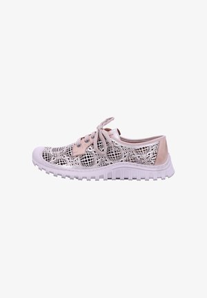 Lace-up sneaker featuring a mesh upper with intricate cutouts in silver and beige, complemented by a robust white rubber outsole.