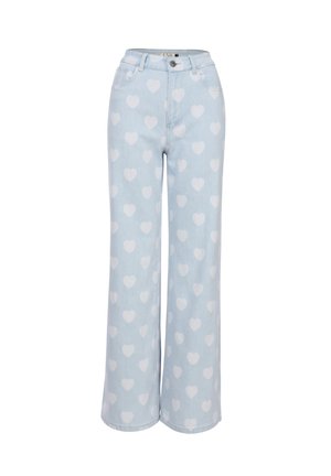 Lichtblauwe jeans met hoge taille en wijde pijpen, met witte hartjespatronen, knoop- en ritssluiting, voor- en achterzakken.