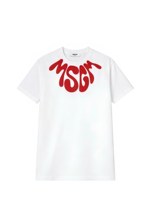 Wit T-shirt met korte mouwen met een groot rood abstract MSGM-logo over de bovenborst en een ronde halslijn.