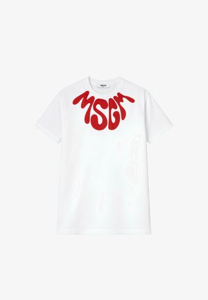 T-shirt blanc à manches courtes avec un grand logo MSGM abstrait rouge sur la partie supérieure de la poitrine et un col rond.