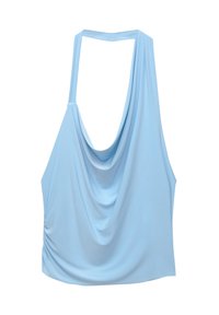 Ljusblå ärmlös topp med draperad design och samlad sidodel. Tillverkad av mjukt, slätt tyg och har en racerback-silhuett.
