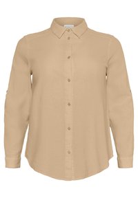Camisa beige de manga larga con cierre de botones en el frente, cuello y dobladillo ligeramente curvado. Fabricada en un tejido ligero y texturizado.