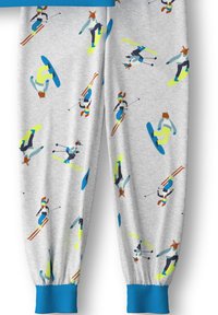 Grijze joggingsbroek met een speels patroon van skiërs en snowboarders in heldere kleuren. Voorzien van ribbels aan de blauwe boorden en een zachte textuur.