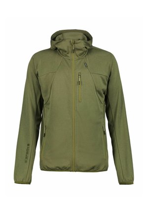 Chaqueta verde con cremallera y capucha, confeccionada en tela texturizada. Cuenta con un bolsillo en el pecho y puños elásticos. Corte recto con un acabado suave.