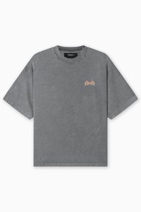 Gray cotton t-shirt with a relaxed fit, round neckline, and short sleeves. Features a small, light-colored logo on the chest.