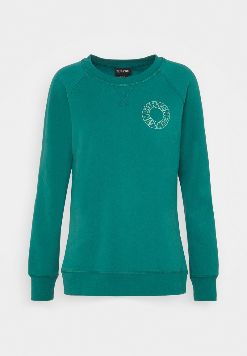 Sweat-shirt à manches longues col rond couleur sarcelle avec le nom de la marque Burton dans un logo circulaire sur la poitrine gauche et des poignets et un bas côtelés.