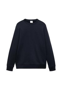 Felpa blu navy, design a girocollo, maniche lunghe, polsini e orlo a coste, realizzata in tessuto morbido e strutturato, senza motivi o accenti.