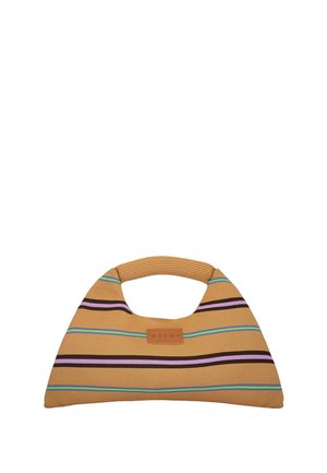 Borsa in tessuto color cuoio con strisce orizzontali viola, verde e nere e manico corto integrato, etichettata "MEFUI" al centro davanti.
