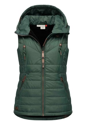 Gilet rembourré vert avec capuche, doté d'une fermeture éclair à l'avant, de poches latérales et de coutures décoratives. Fabriqué en matériau lisse et léger.