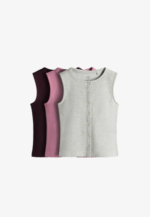 Set od tri prsluka bez rukava s rebrastim uzorkom i prednjim gumbima, u svijetlosivoj, ružičastoj i tamnosmeđoj boji, položeni jedan preko drugog.