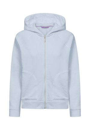 Lichtblauwe hoodie met ritssluiting, voorzakken en capuchon, weergegeven tegen een effen witte achtergrond.