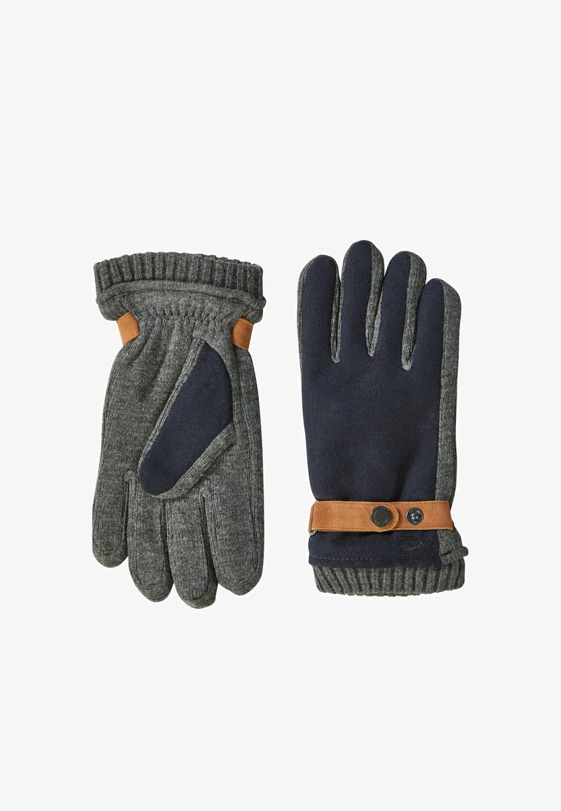 Graue und marineblaue Handschuhe aus Wolle und synthetischen Materialien. Sie besitzen einen gerippten Bund, einen Lederstreifen mit Knopfakzent und eine strukturierte Handfläche.