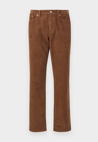 Pantalones de pana marrones con acanalado vertical, que cuentan con un botón y cremallera, dos bolsillos frontales y un corte recto.