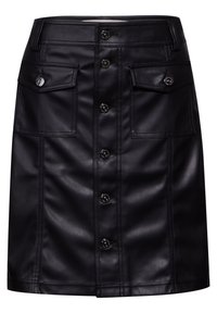 Černá sukně z umělé kůže s přiléhavým střihem, předním zapínáním na knoflíky, dvěma předními kapsami a kontrastními lesklými stříbrnými akcenty.