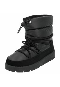 Botte noire imperméable à la cheville avec un dessus rembourré, un laçage détaillé et une semelle en caoutchouc épaisse. Comprend une fermeture à cordon pour un ajustement réglable.