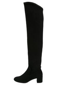 Botas negras de ante por encima de la rodilla, con tacón cuadrado, caña alargada y un diseño elegante con una textura suave.
